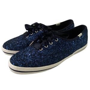 NWOT Keds Kate Spade Navy Blue Glitter Holiday Party Satin Lace-Up Sneakers-6.5